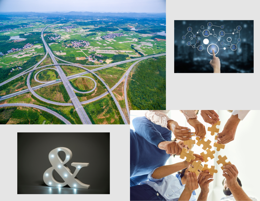 Conjunctions are where different ideas in a sentence come together. So, pictures is a highway interchange, puzzle pieces, and a mind map. 