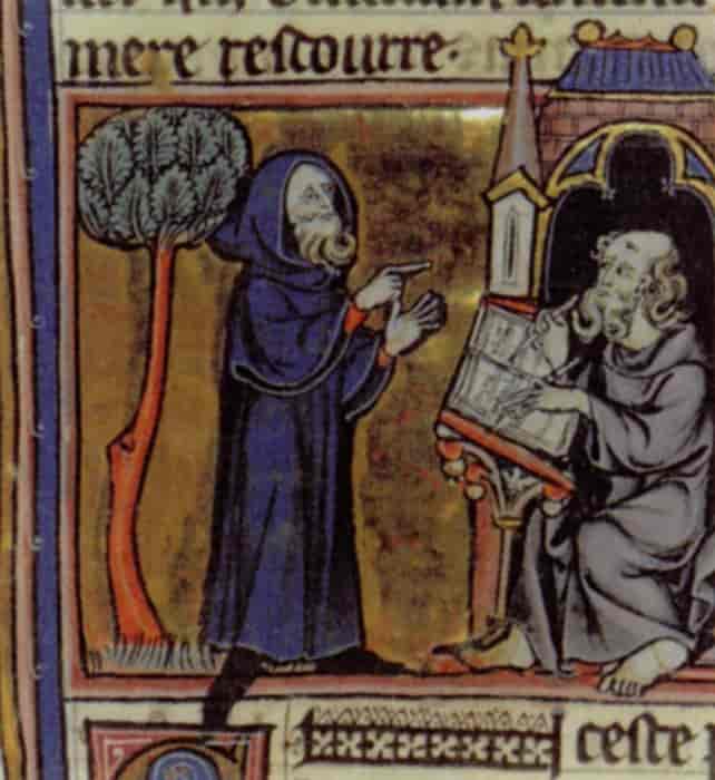 Illuminated manuscript of Merlin before King Vortigern.