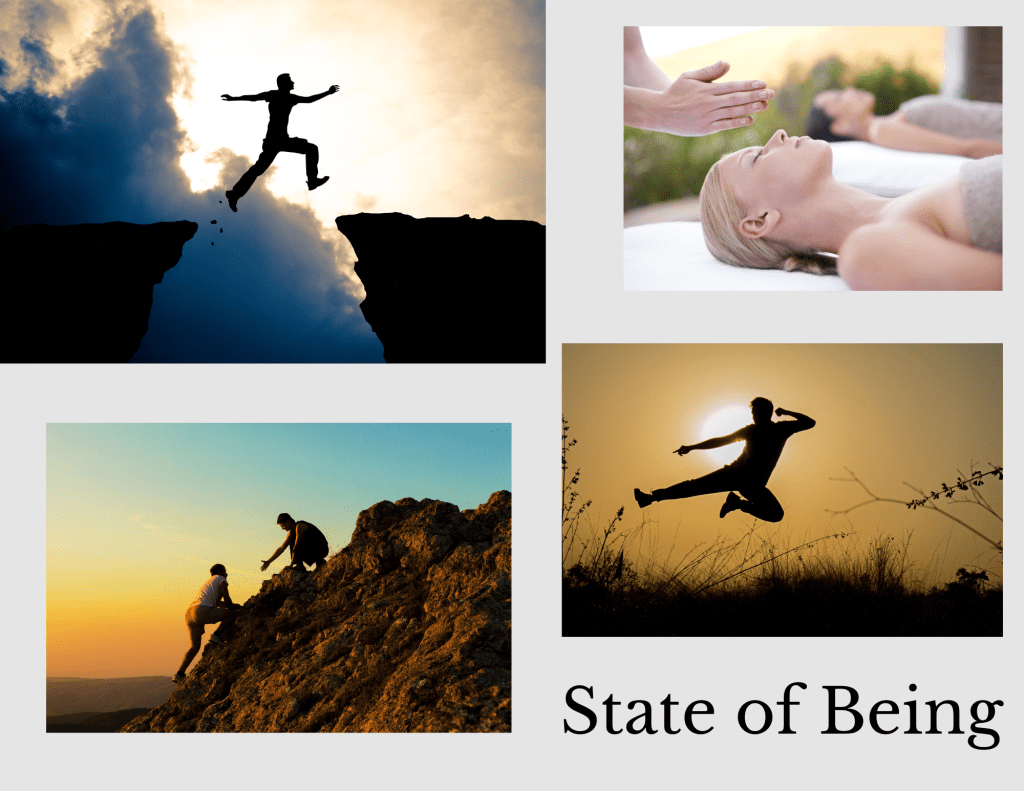 Pictures of people doing things like leaping over gulleys, climbing mountains, practicing martial arts, getting a massage. 