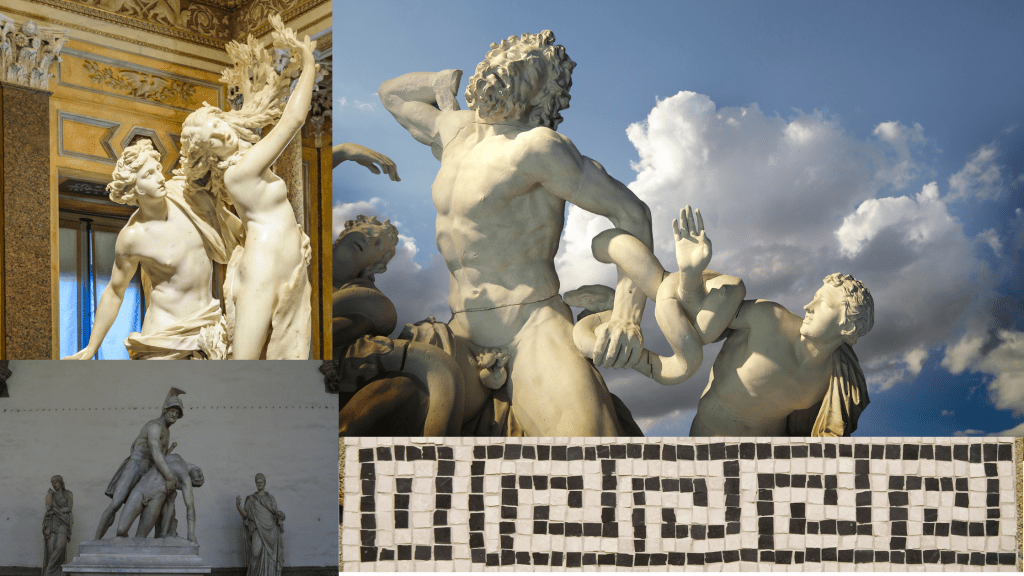 Depictions from mythology. Apollo and Daphne, as Daphne is turning into a laurel tree. Laocoon and his sons being attacked by snakes. Ajax carrying the body of Achilles. 