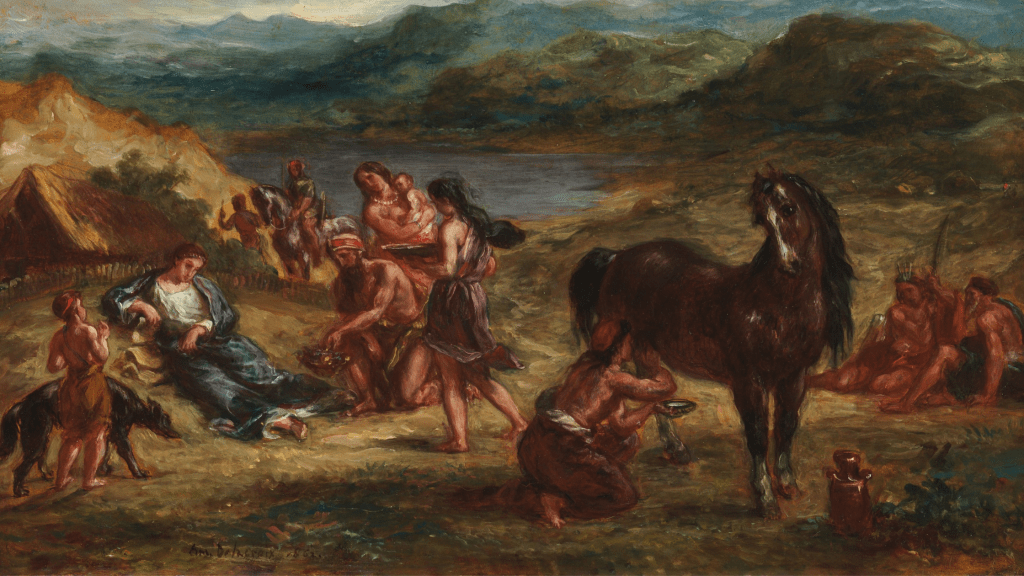 OVID AMONG THE SCYTHIANS, Eugene Delacroix. This is a painting depicting Ovid during his exile on the shores of the Black Sea. 