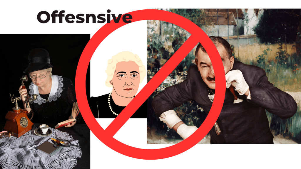 From left to right, depiction of Miss Marple, Agatha Christie, and Hercule Poirot. All of which are not going to be rewritten because of potentially "offensive" language. 