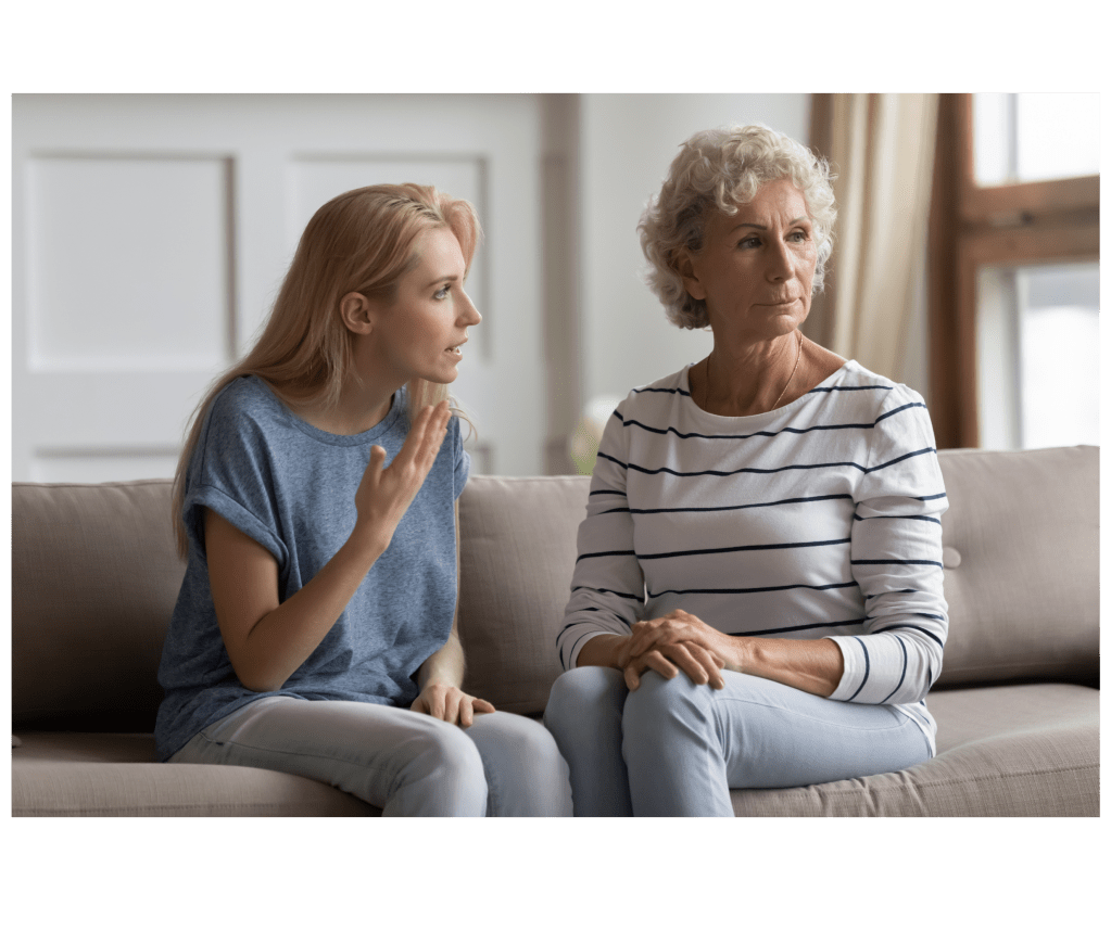Two generations family elderly mother and young daughter having conflict.